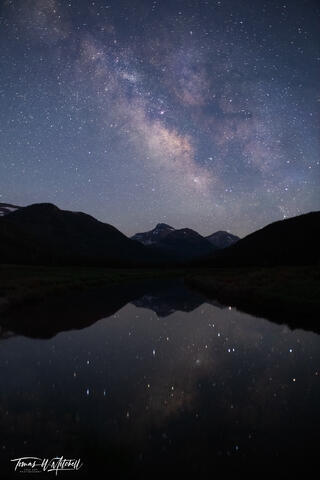 Milky Way Galaxy night sky over Uinta Mountains, Utah reflecting in water.