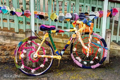 bicycle covered in yarn, Cotswolds, England.