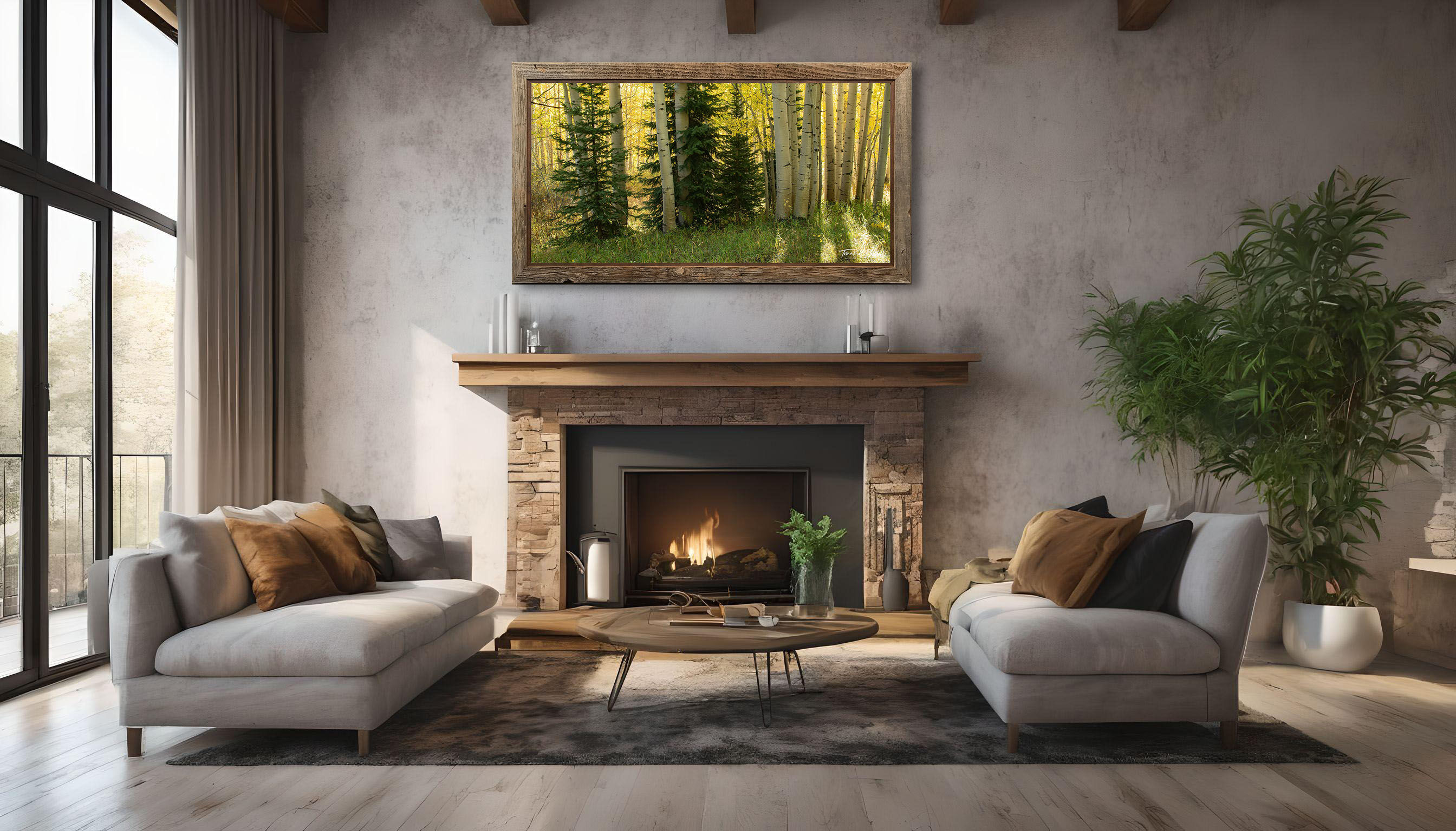 framed photograph of forest in autumn on home wall.