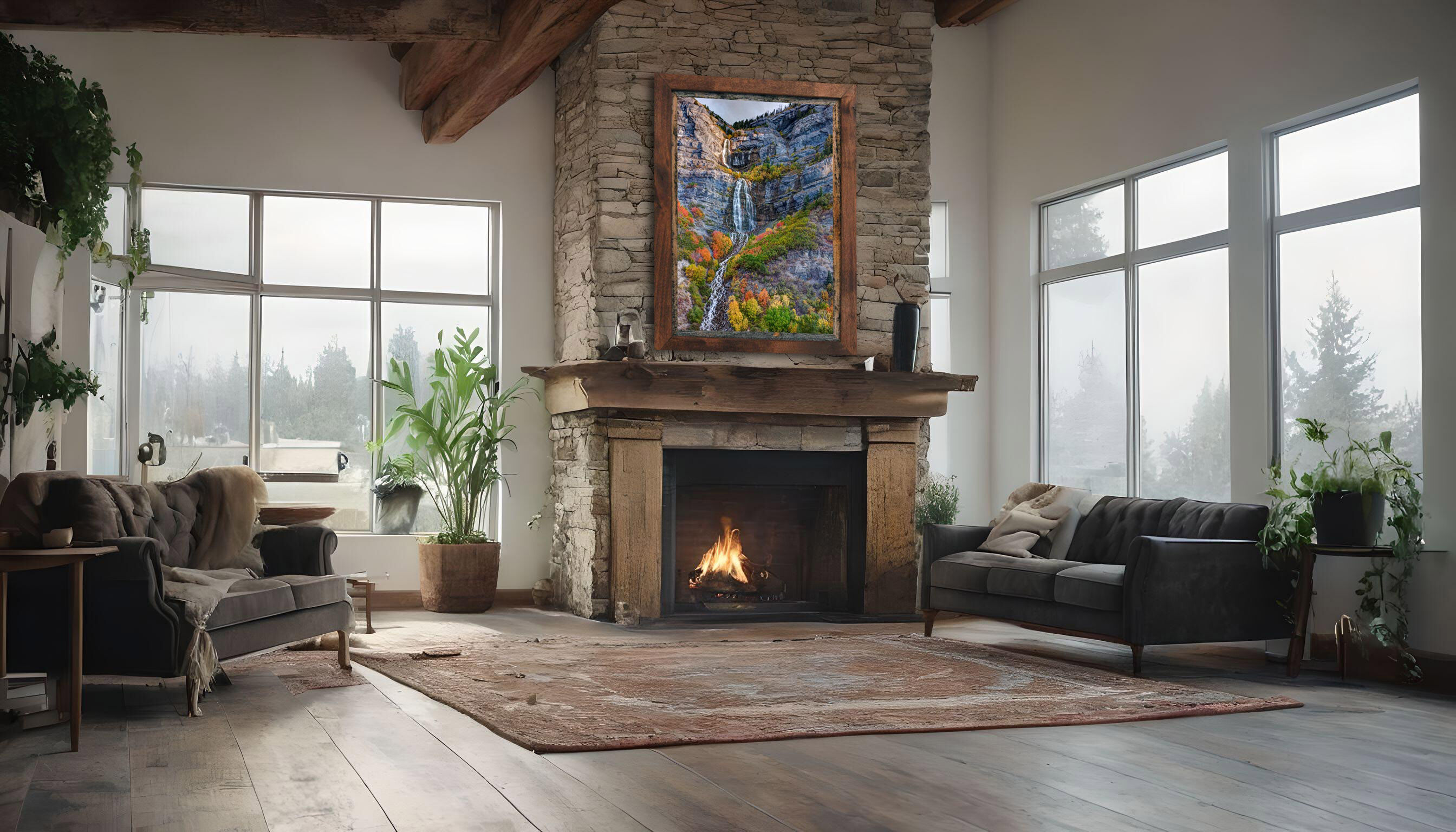 framed photograph of waterfall in autumn on home wall
