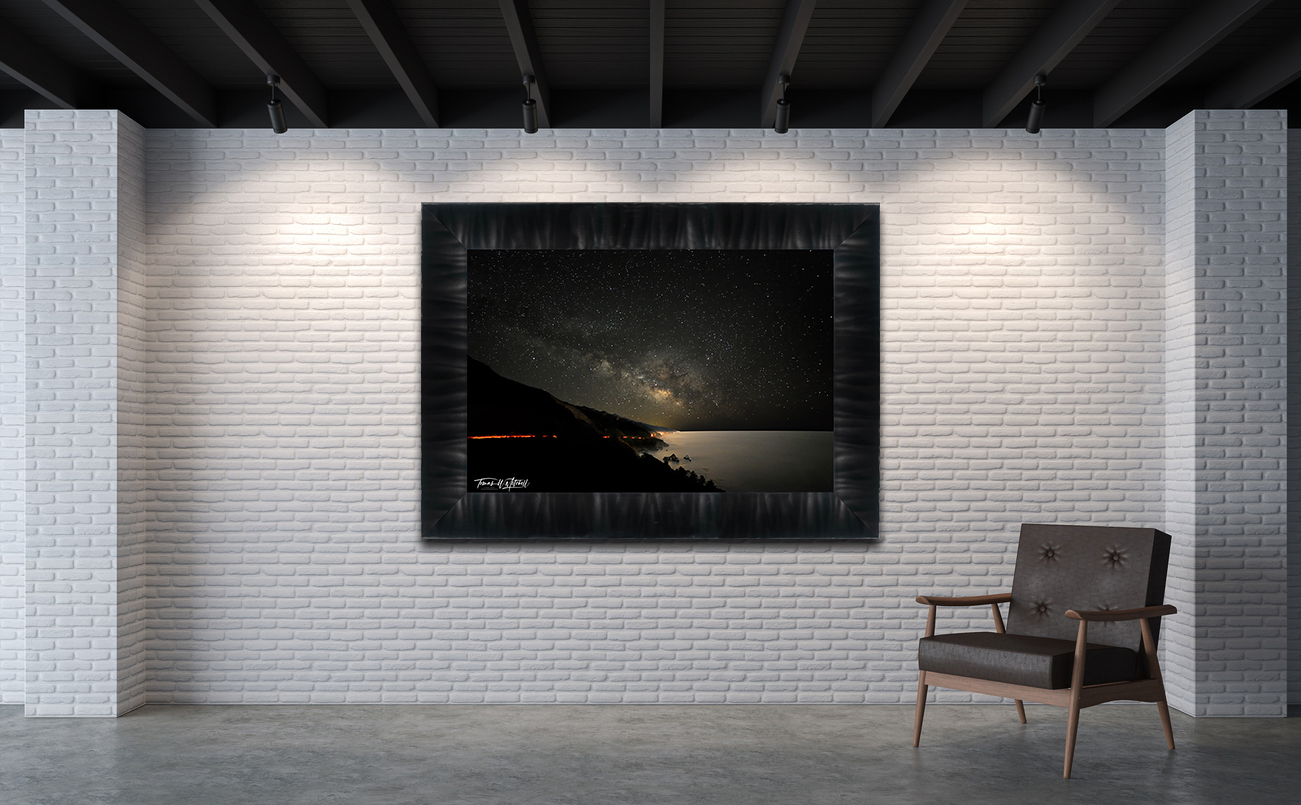 framed photograph of Milky Way over Big Sur CA on gallery wall