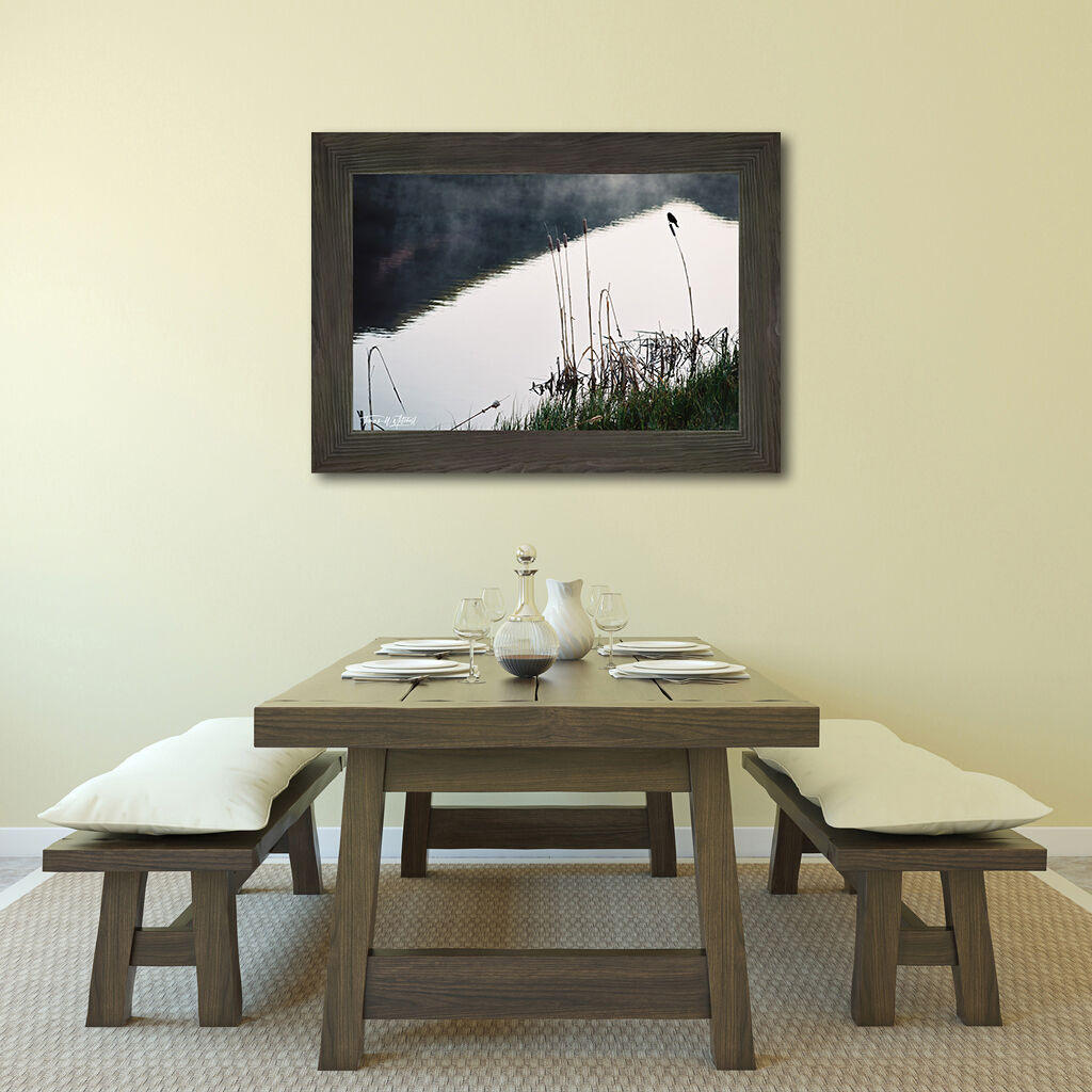 framed photograph of bird on cattail on home wall