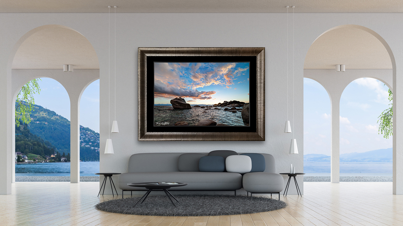framed photograph of Bonsai Rock Nevada at sunset on home wall.