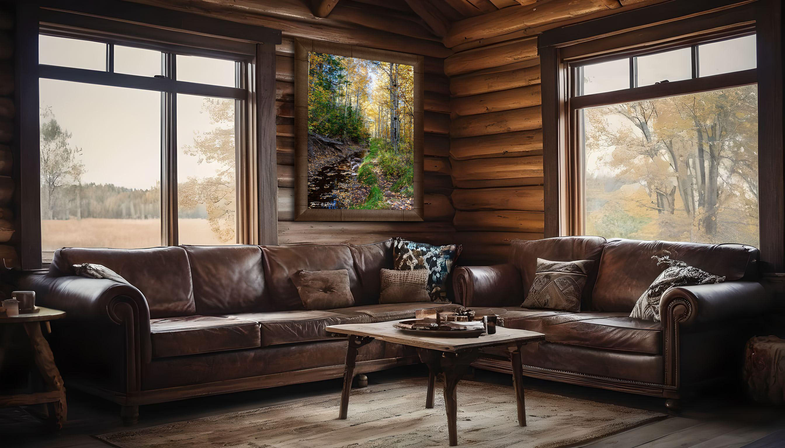 framed photograph of forest and stream in autumn on home wall.