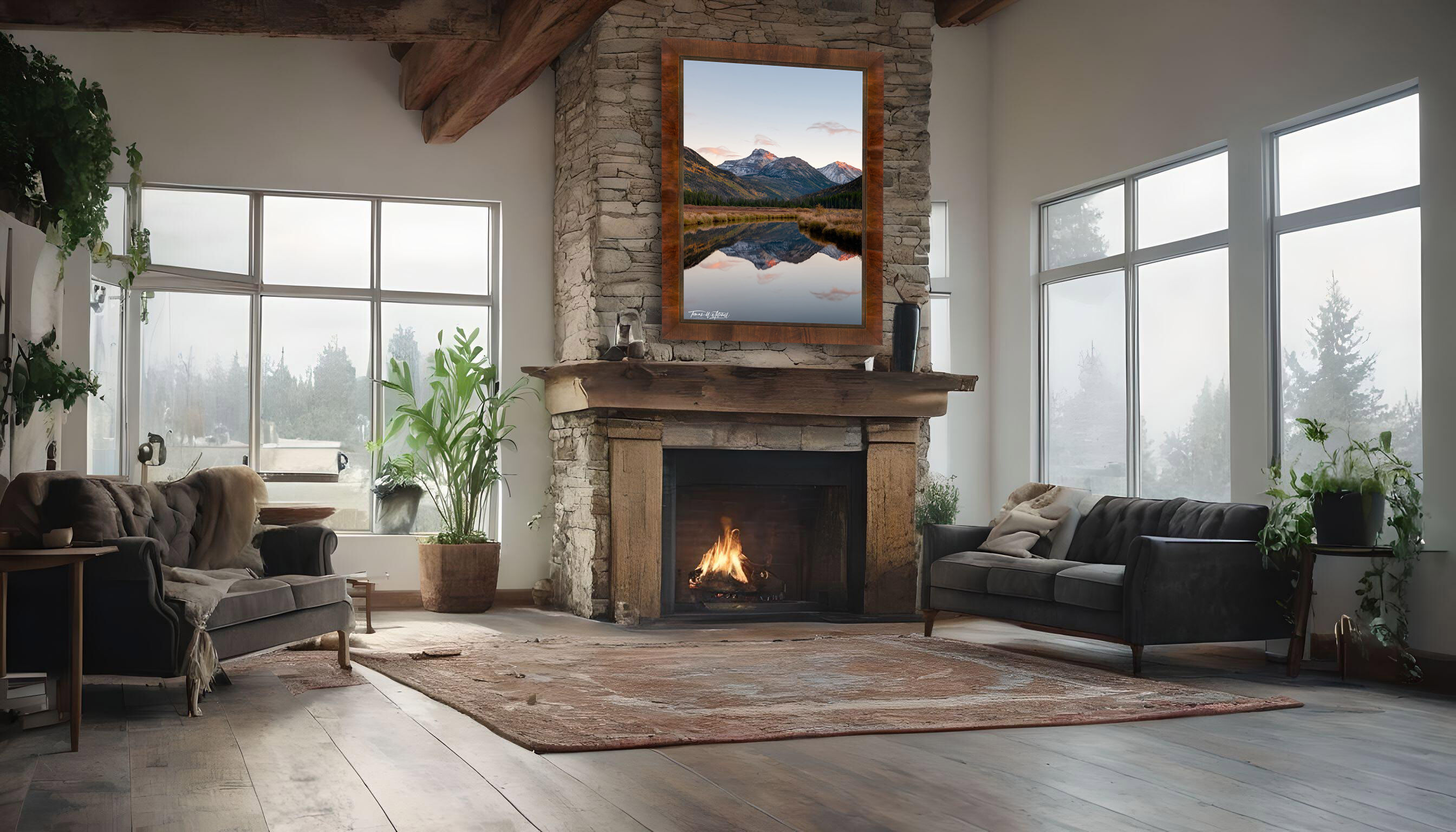framed photograph of mountains in autumn on home wall.
