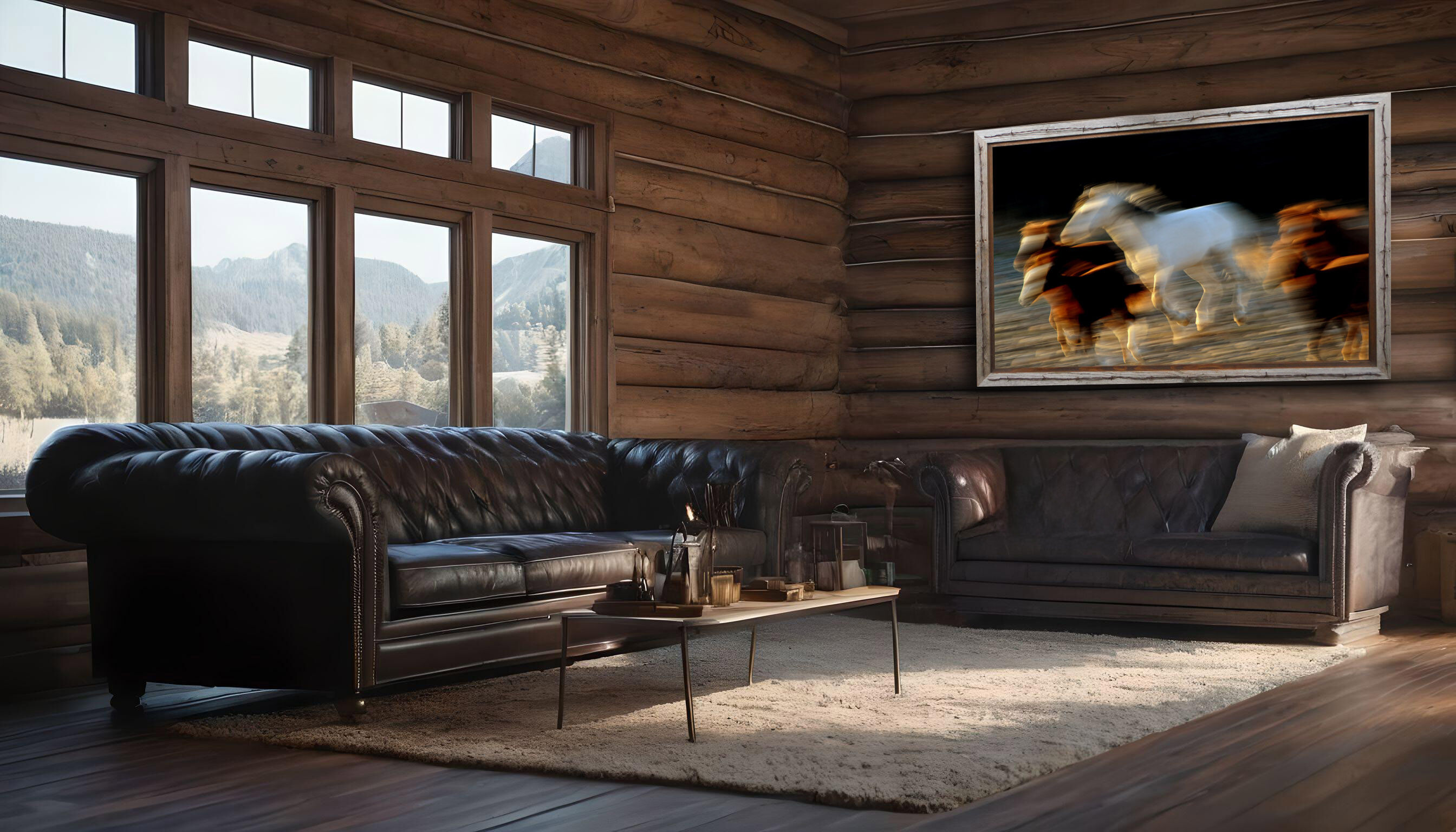 framed photograph of running horses on home wall