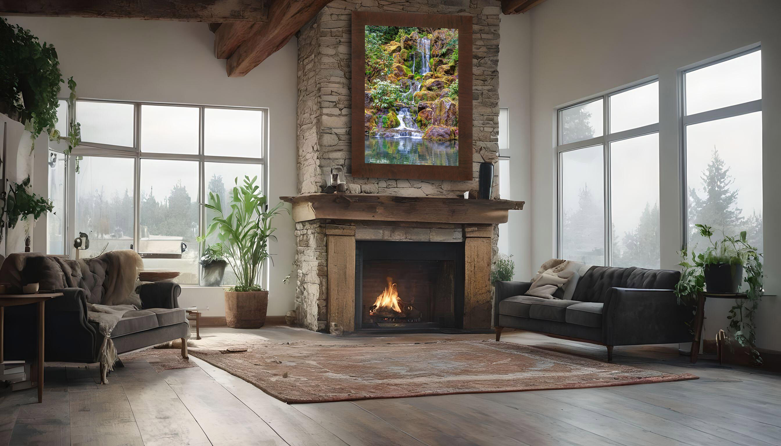 framed photograph of water fall at Japanese Garden on home wall