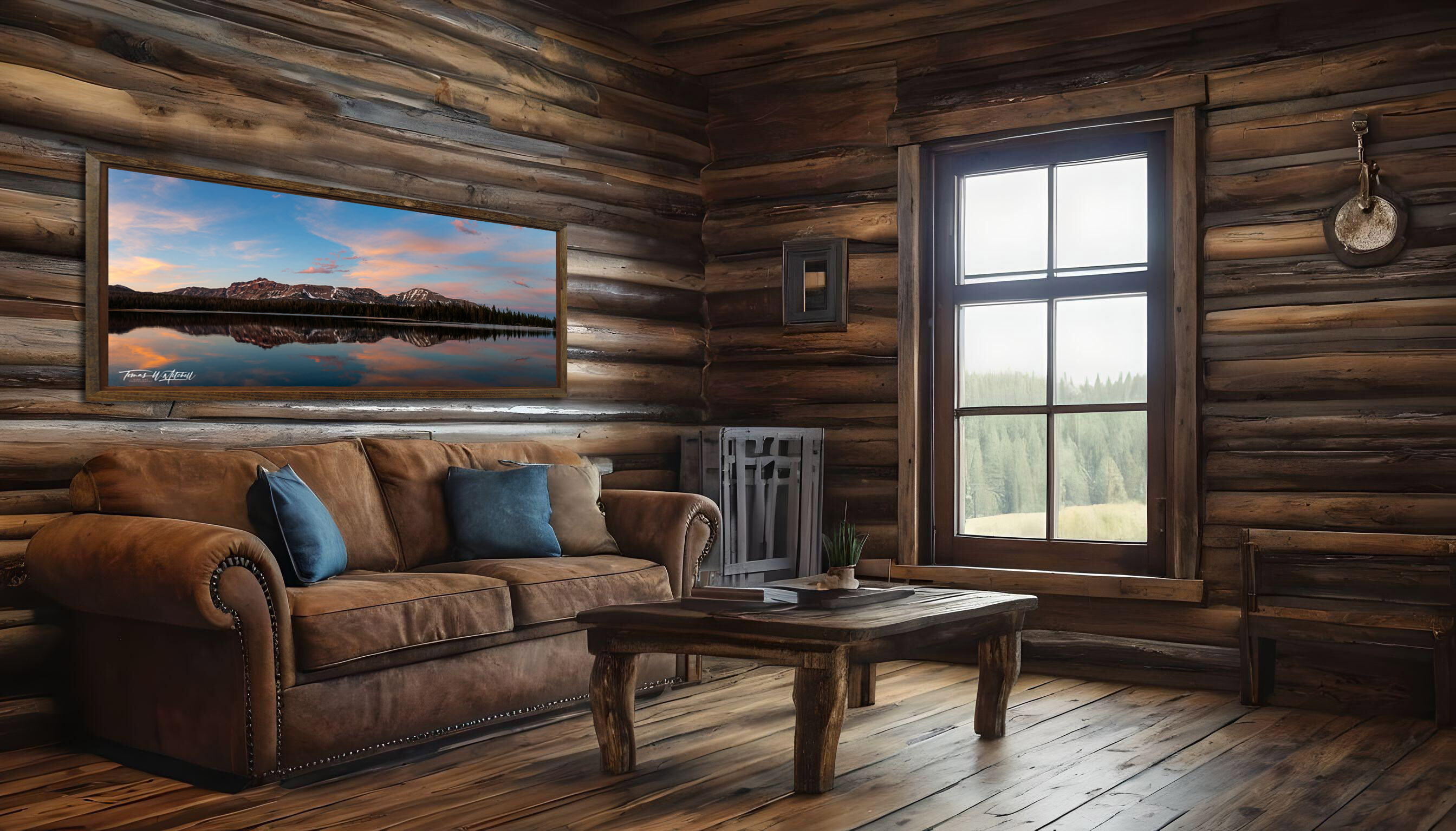 framed photograph of Mirror Lake Utah sunset on home wall