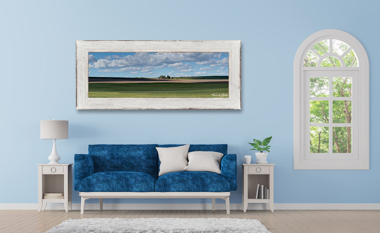 framed photograph of Montana wheat field and barn on home wall