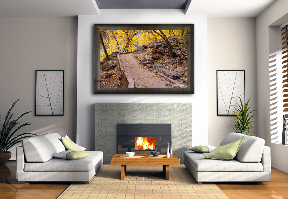 framed photograph of river walk trail in Zion National park on home wall.