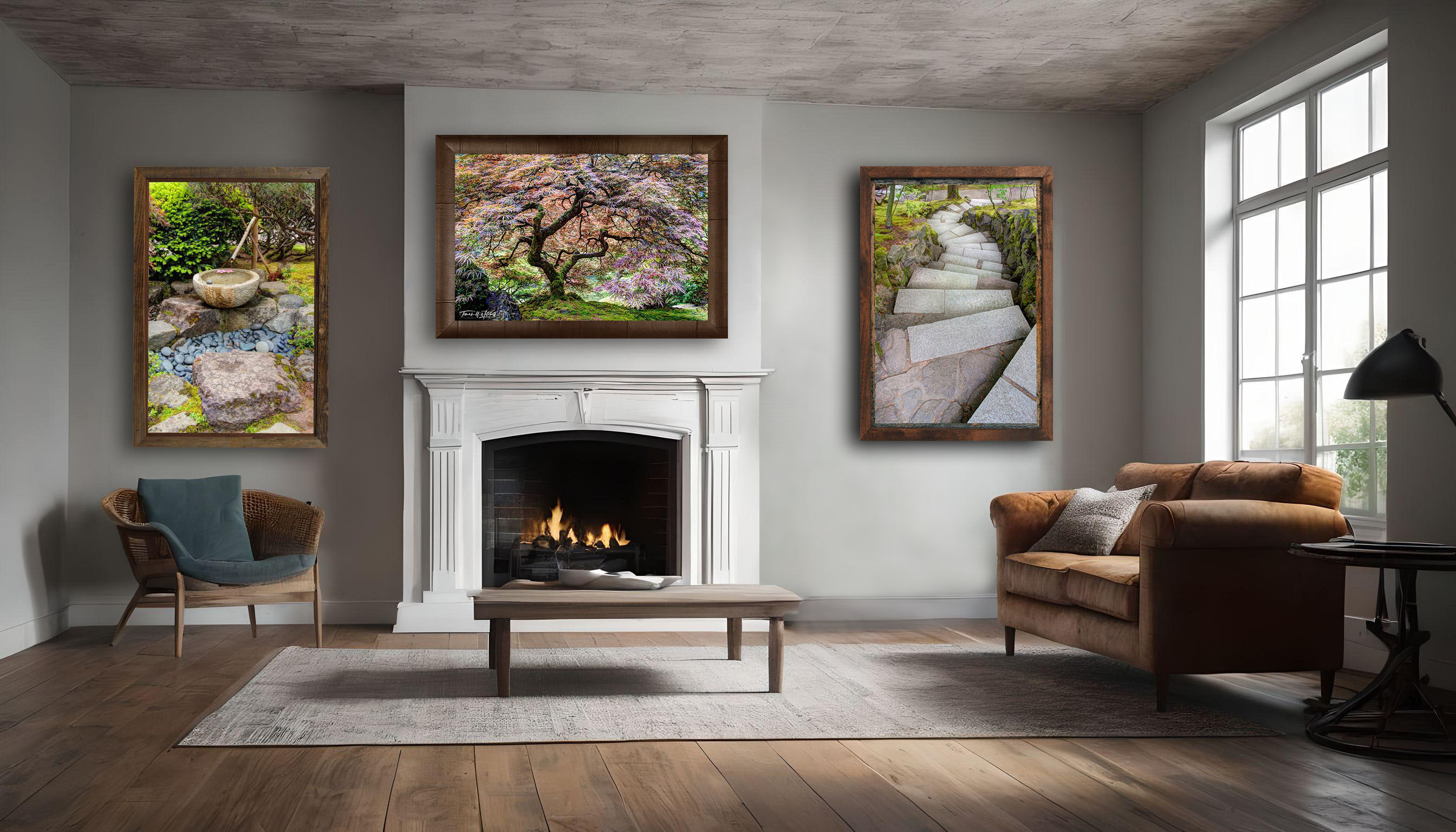 framed photographs of Japanese Garden on home wall