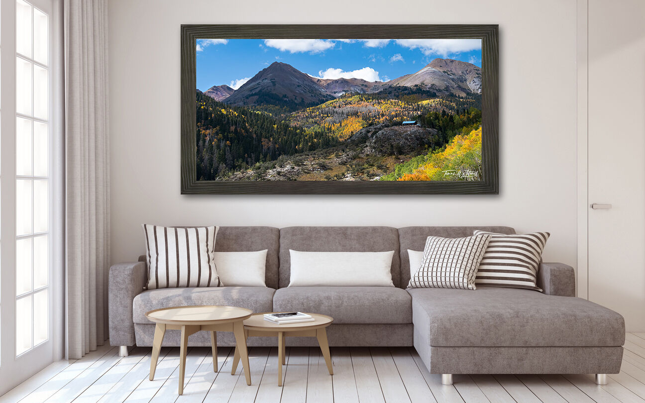 framed photograph of cabin in the Tushar Mountains of Utah on home wall.