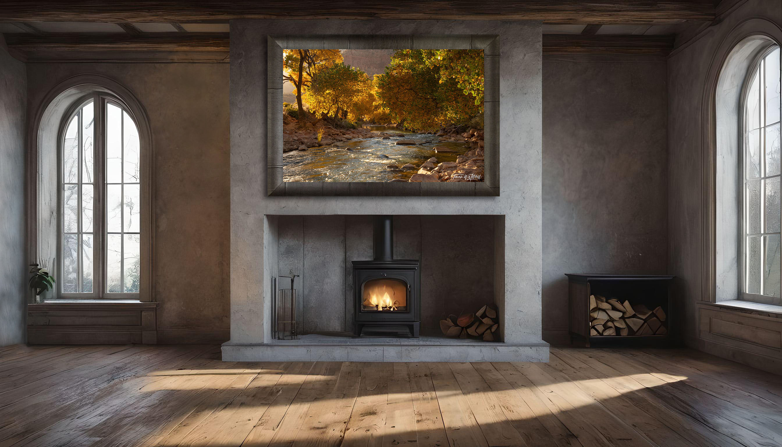 framed photograph of Virgin River Zion National Park in the autumn on home wall.