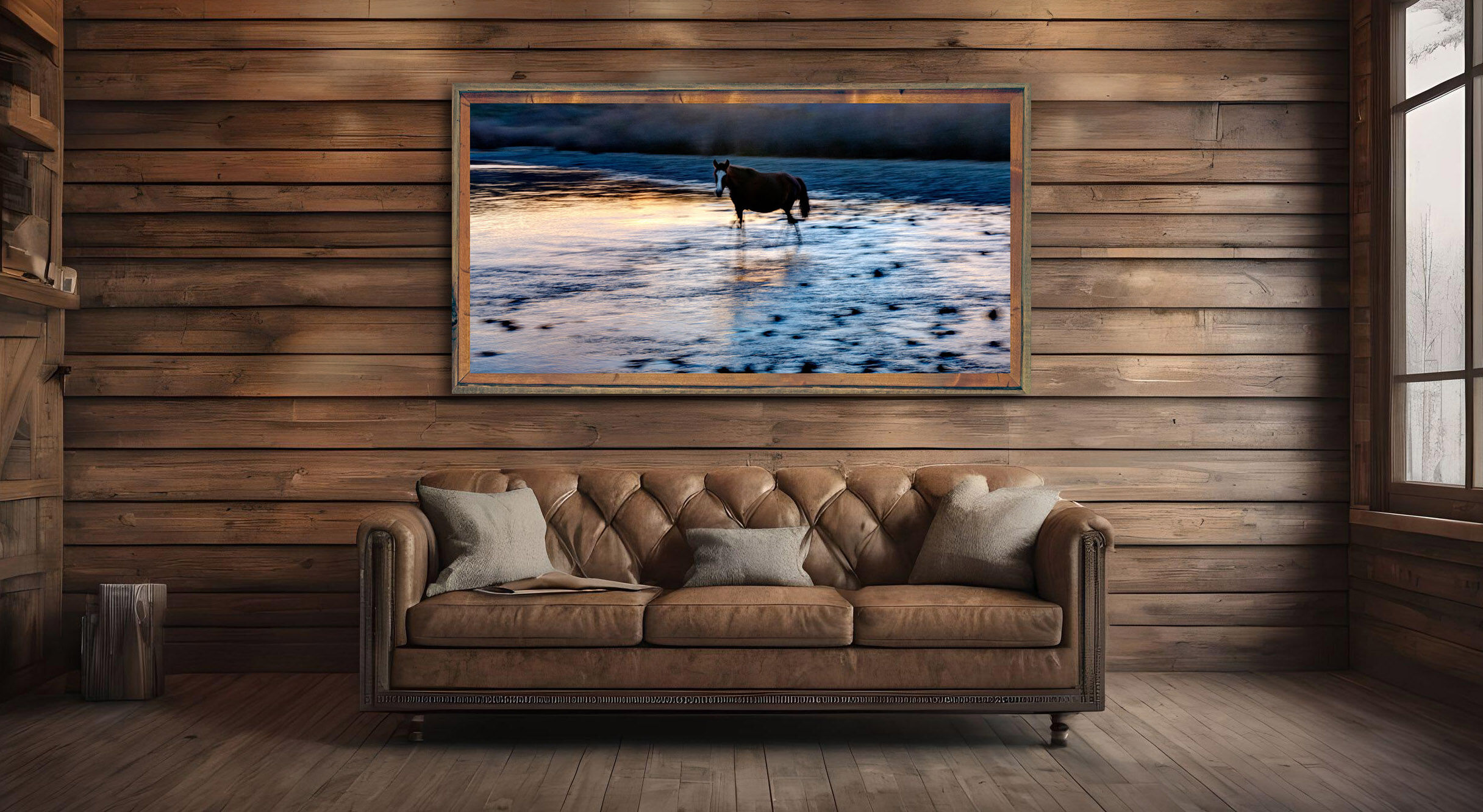 framed photograph of wild horse in river on home wall