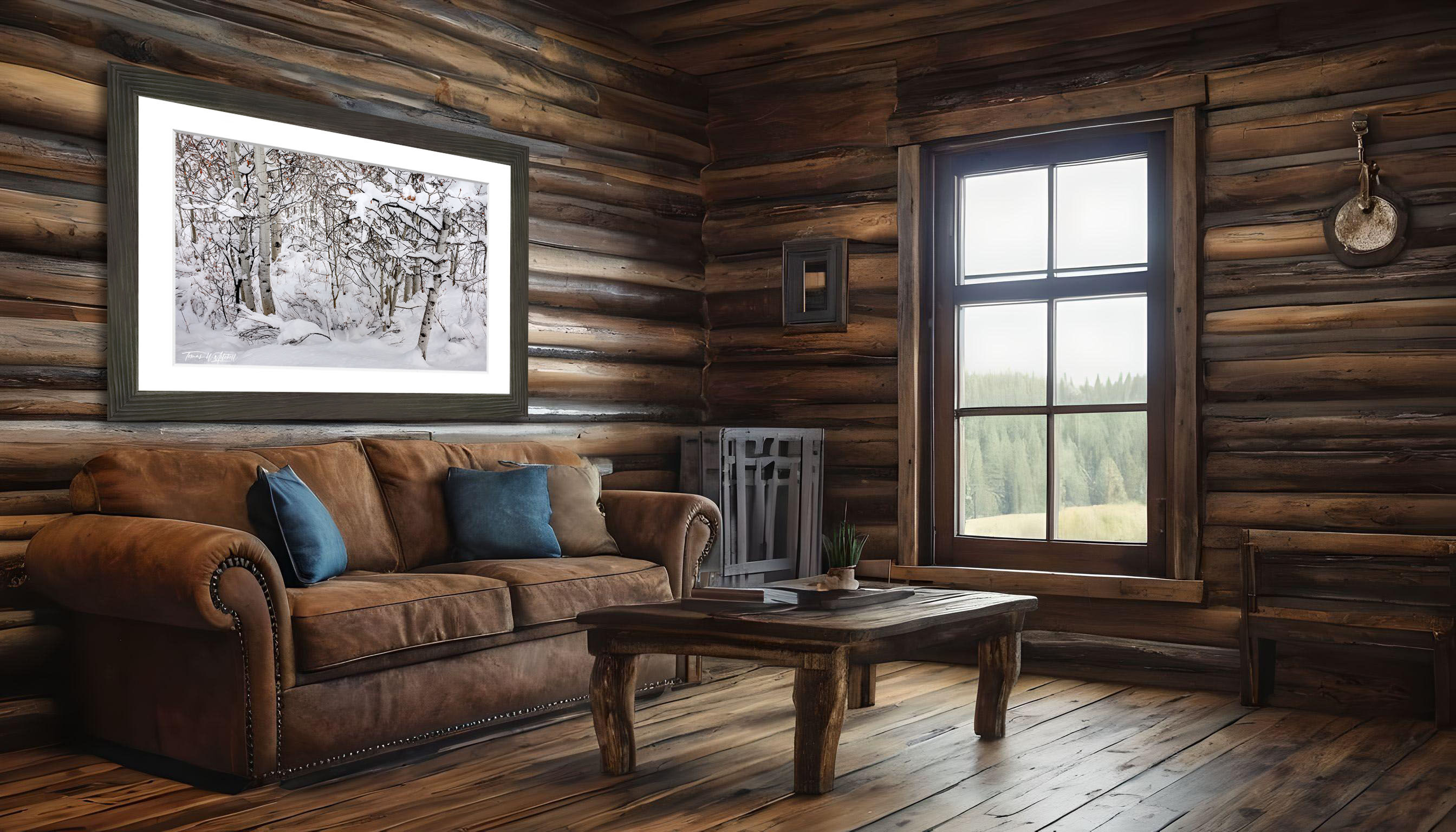 framed photograph of aspen forest in winter snow on home wall