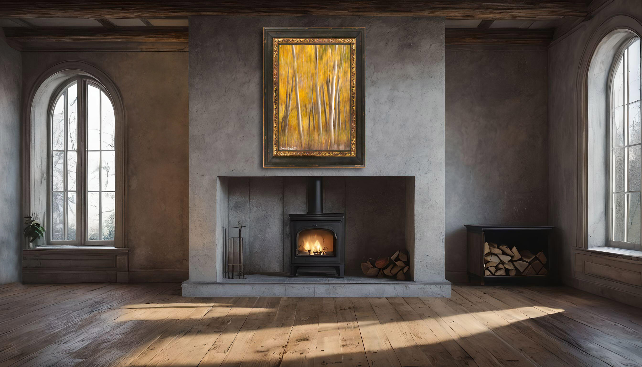 framed photograph of aspen trees in autumn abstract on gallery wall