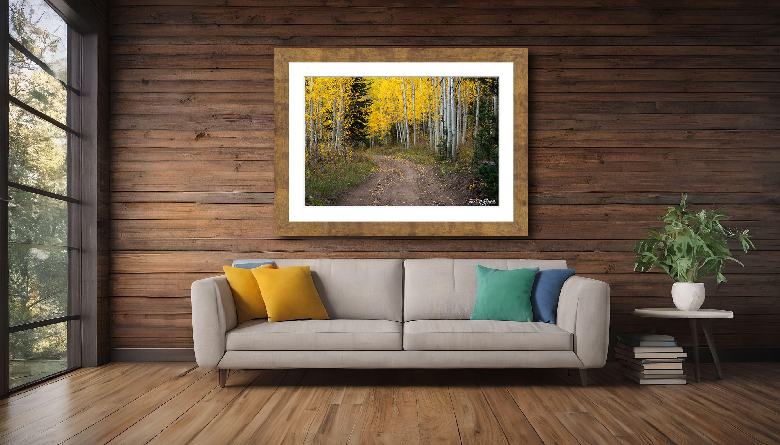 framed photograph of mountain road and autumn aspen forest on home wall.