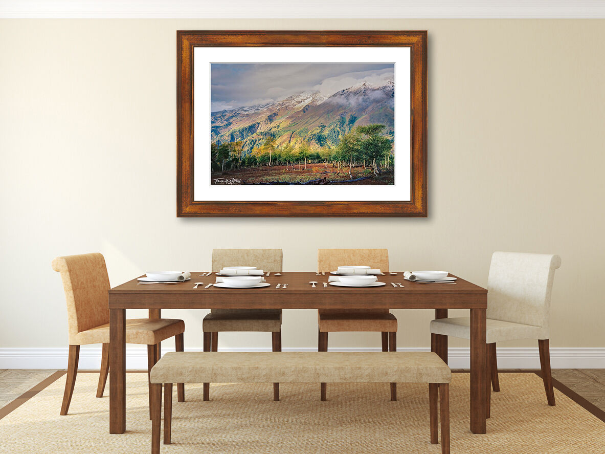 framed photograph of autumn scene in the mountains on home wall