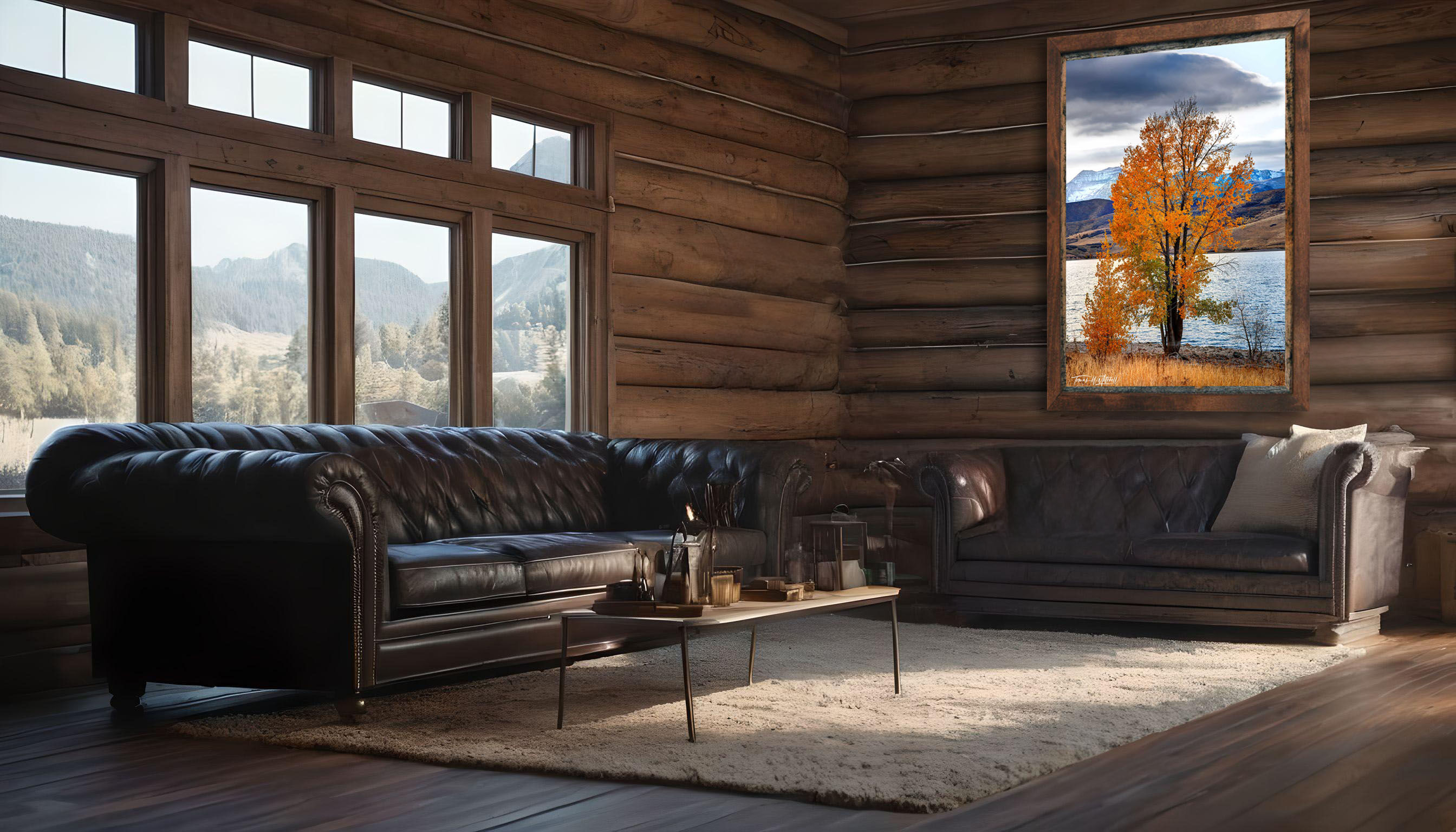 framed photograph of tree in autumn with lake and mountain on cabin wall