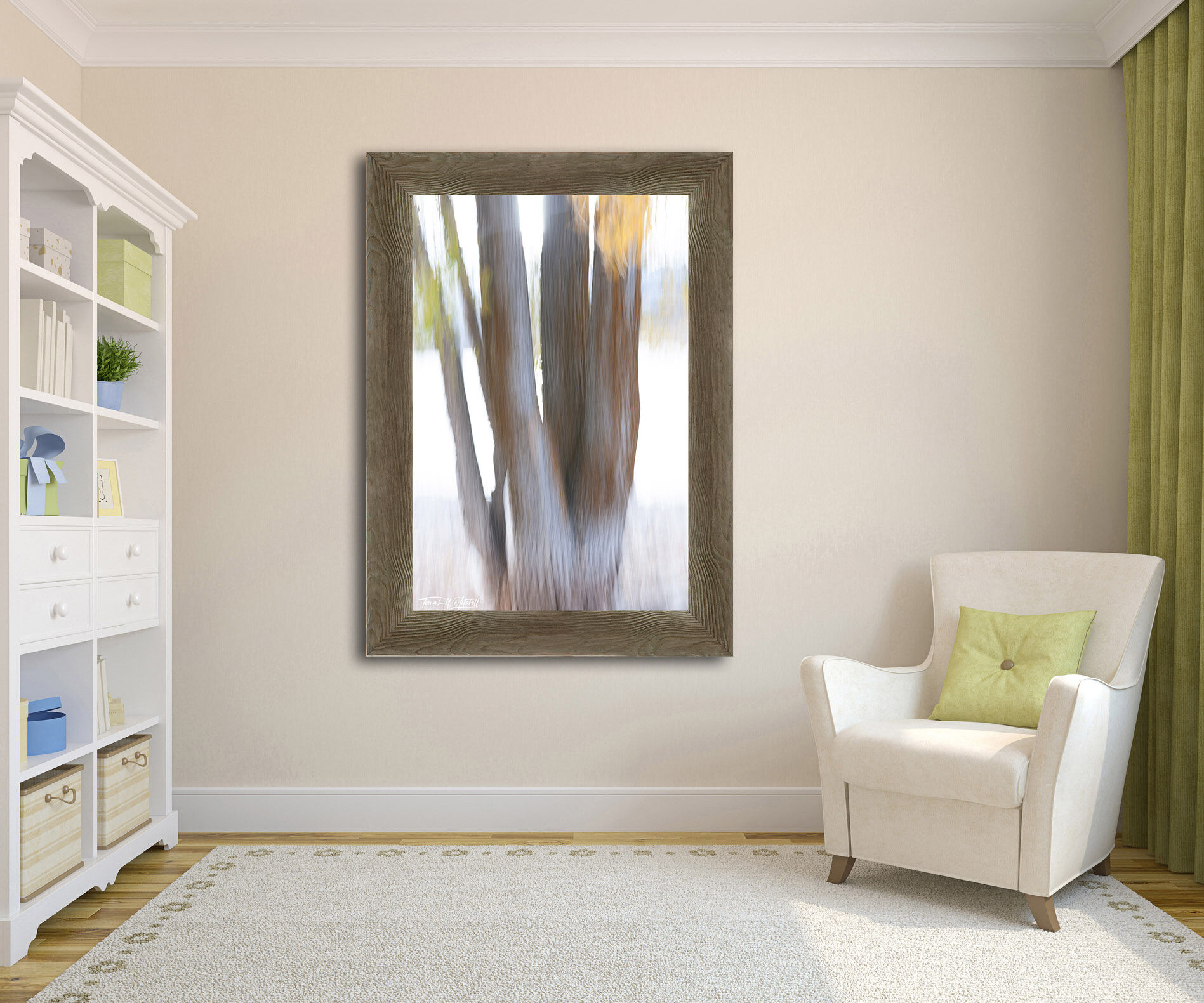 framed photograph of abstract autumn trees on home wall