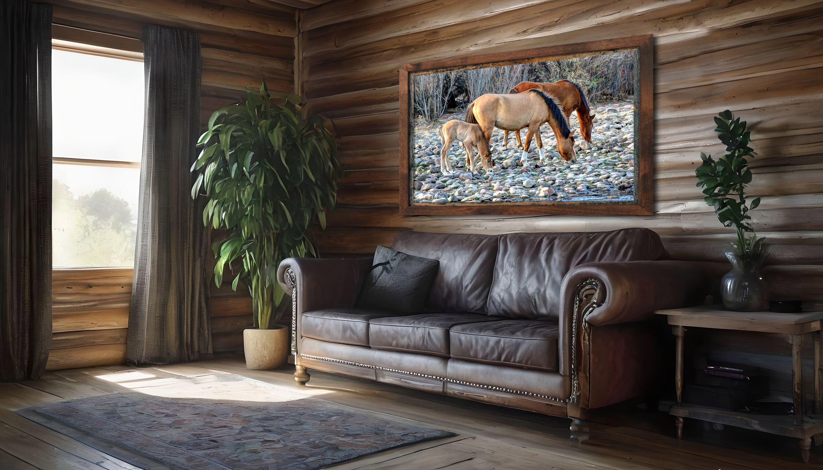 framed photograph of wild horses on cabin wall