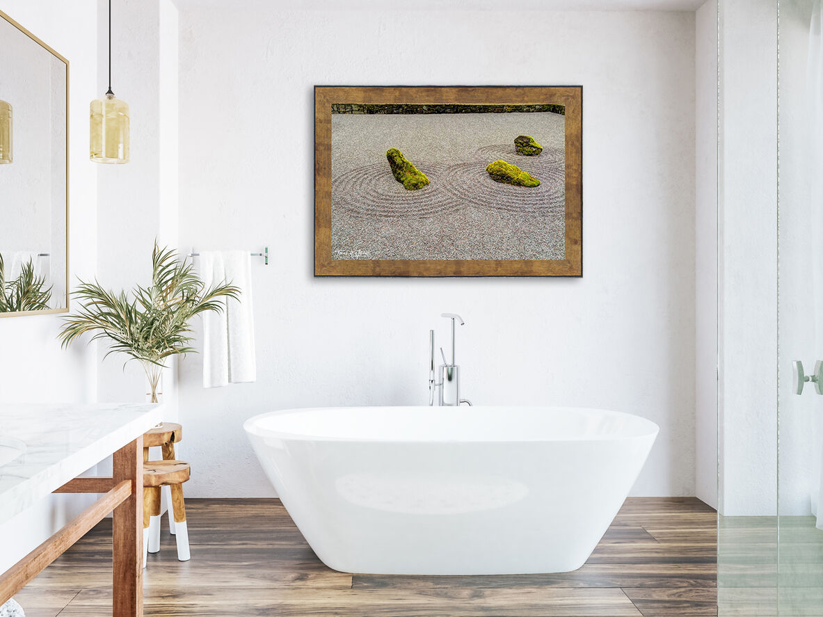 framed photograph of Japanese Garden Portland Oregon on bathroom wall
