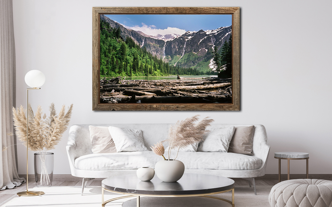 framed photograph of Avalanche Lake MT on home wall