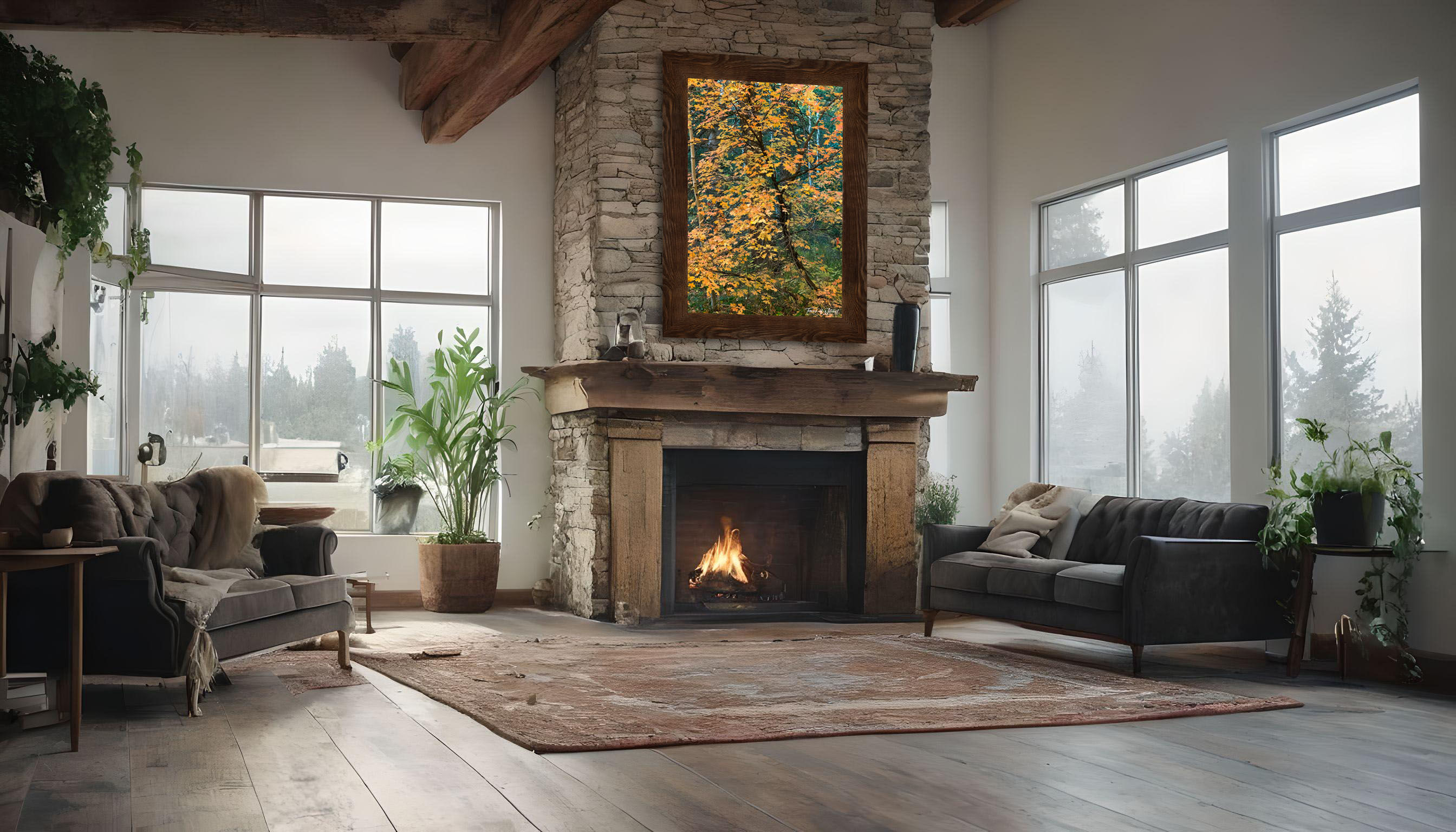 framed photograph of maple tree in autumn on home wall.
