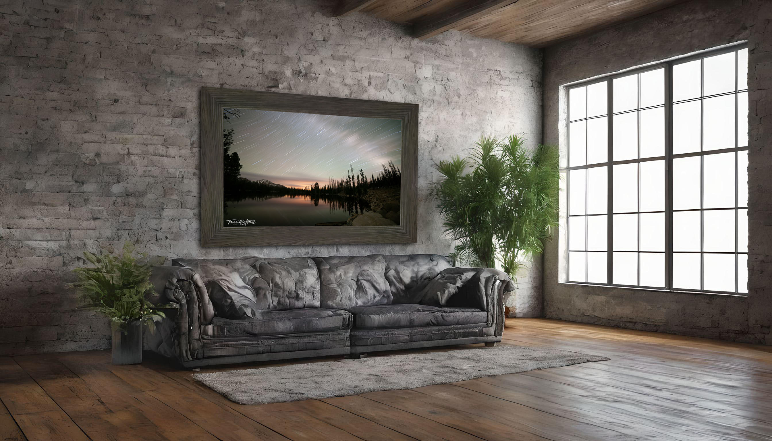 framed photograph of night sky star trails Uinta Mountains on home wall