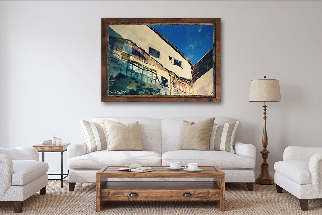 framed photograph of abstract building reflection on home wall