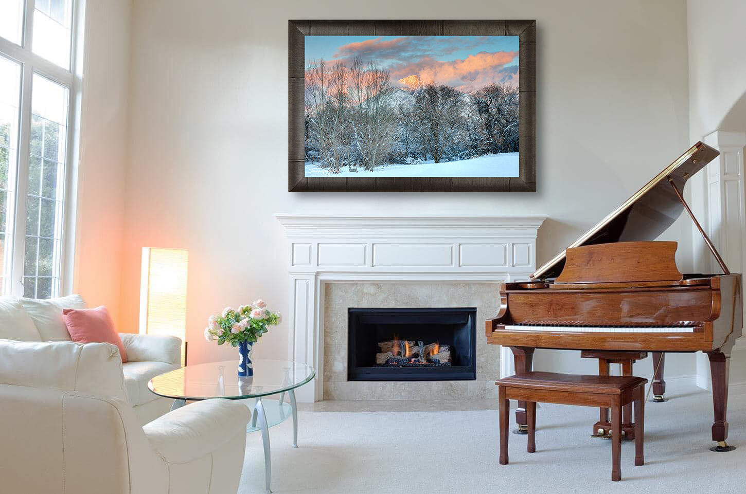 framed photograph of winter sunset with Mountain on home wall