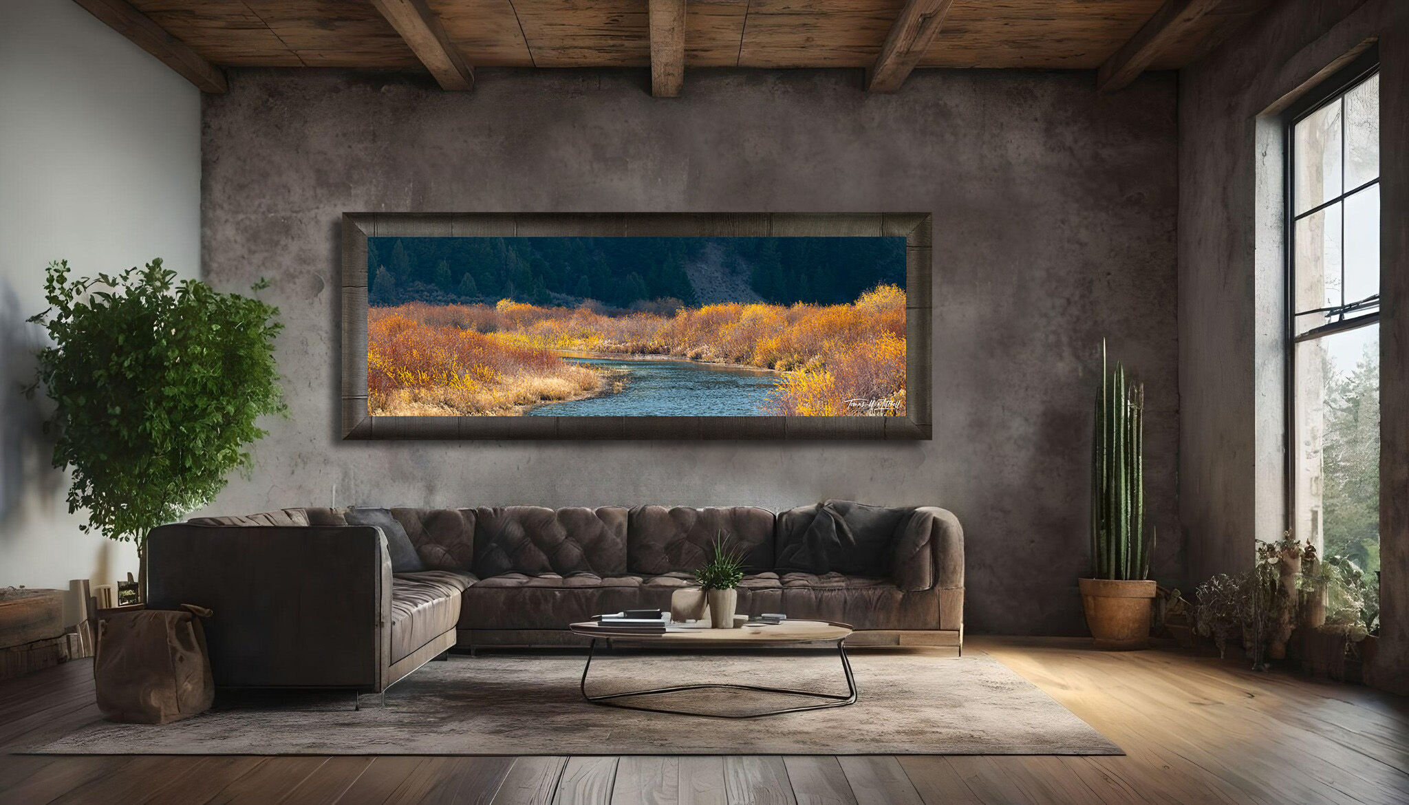 framed photograph of autumn colors on river.