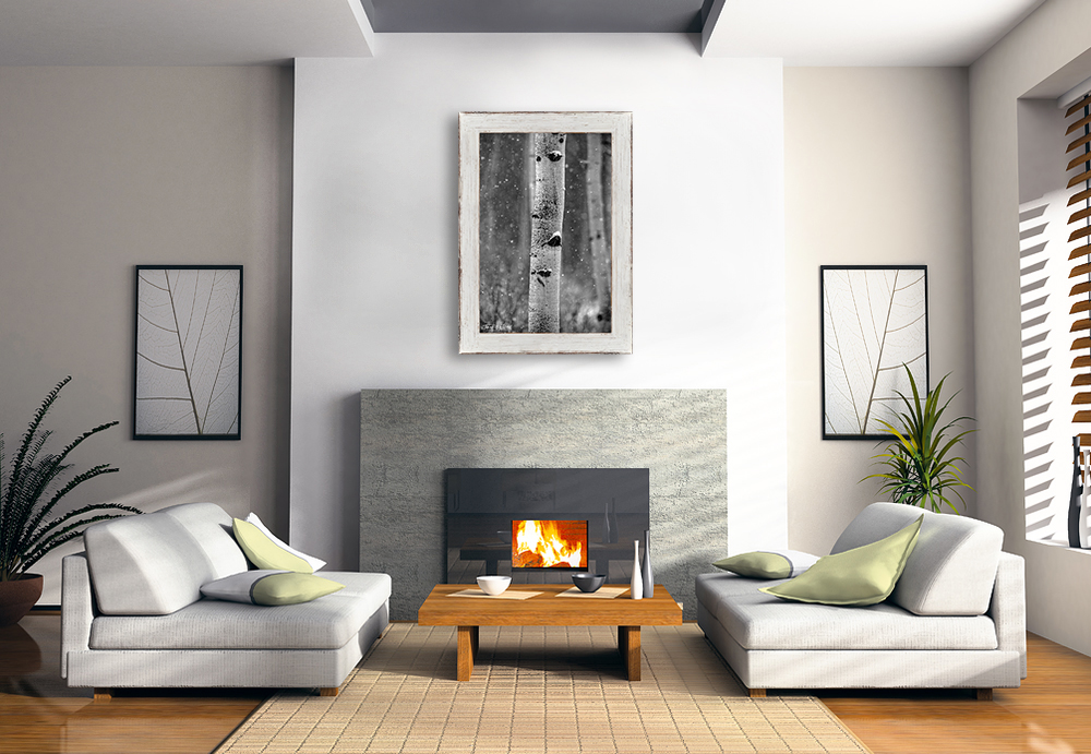 framed photograph of quaking aspen trees in winter snow on home wall
