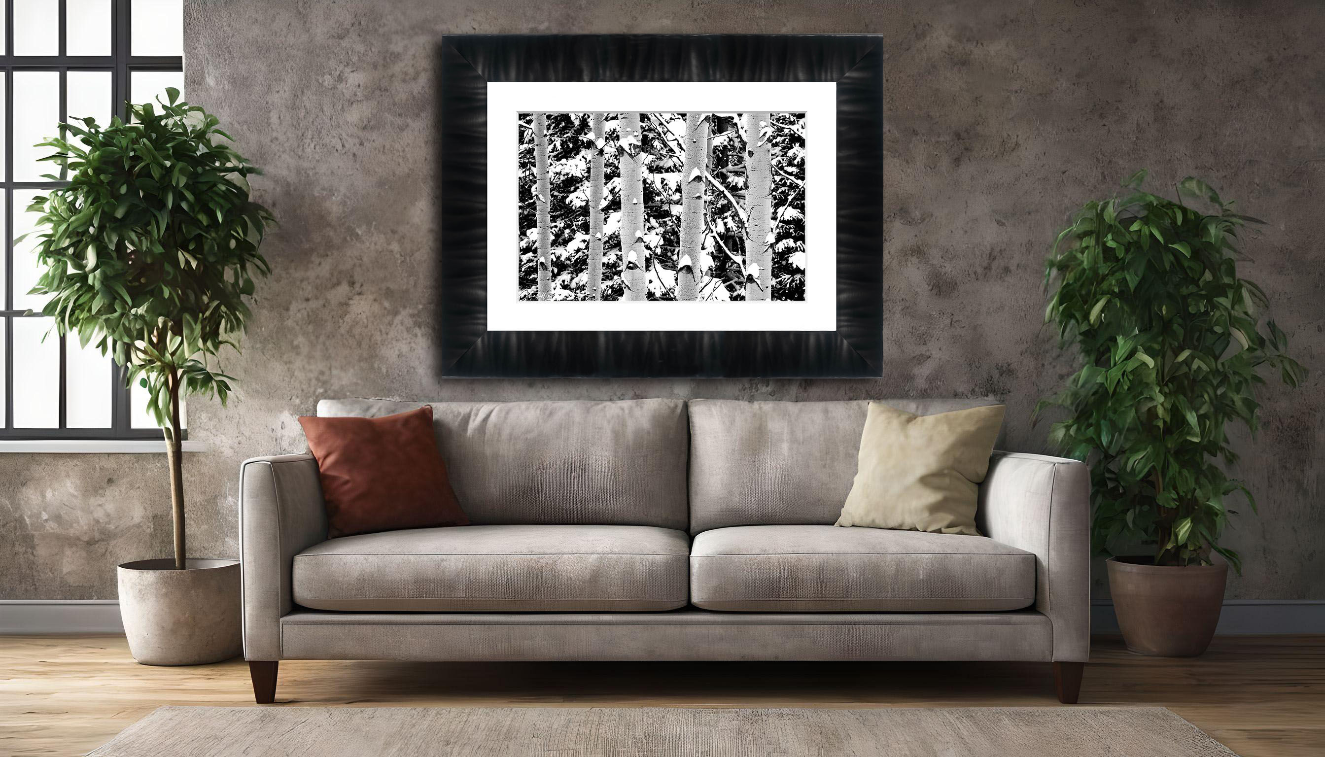 framed photograph of aspen forest in the winter snow on home wall
