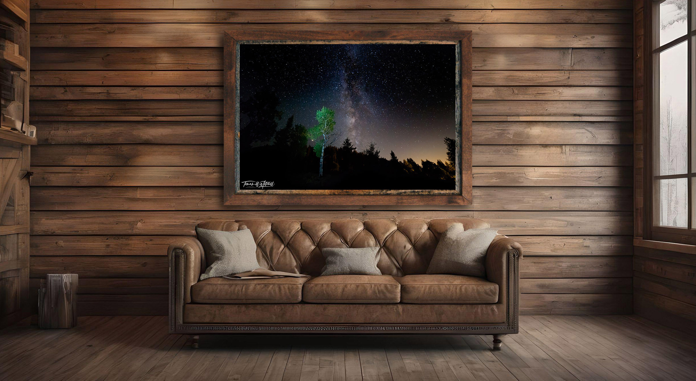 framed photograph of night sky Milky Way on home wall