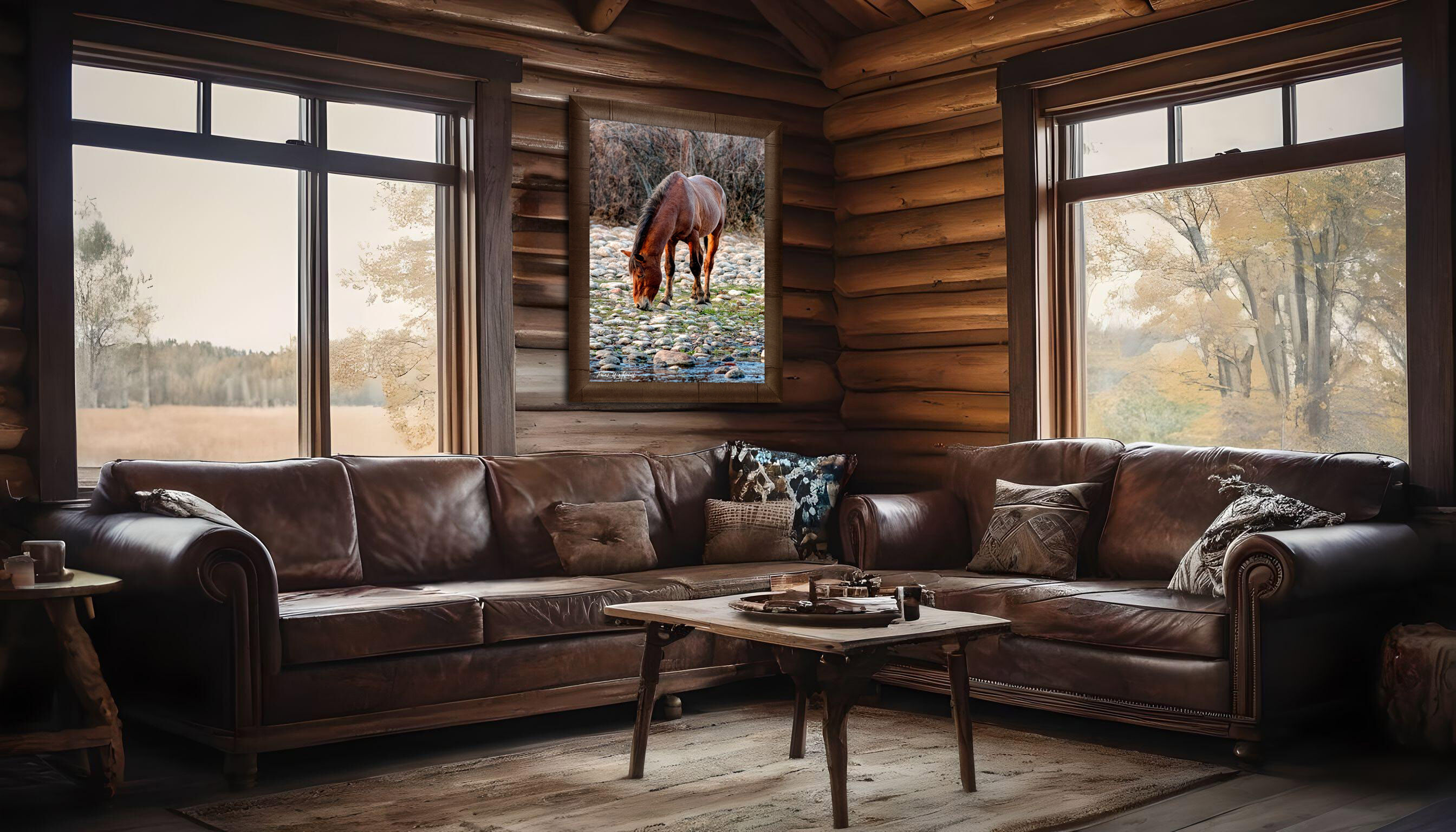 framed photograph of wild horse stallion on cabin wall.
