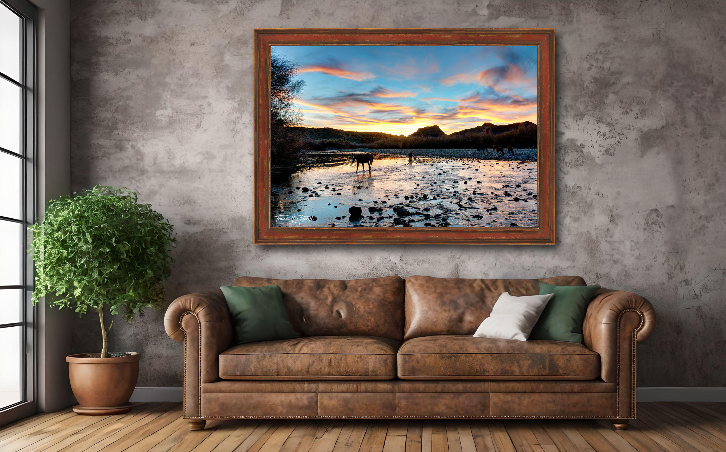framed photograph of wild horses crossing river in sunset, on home wall.