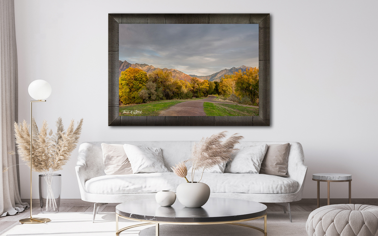 framed photograph of country road in autumn on home wall