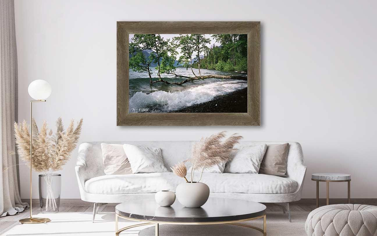 framed photograph of wave on Lake on home wall