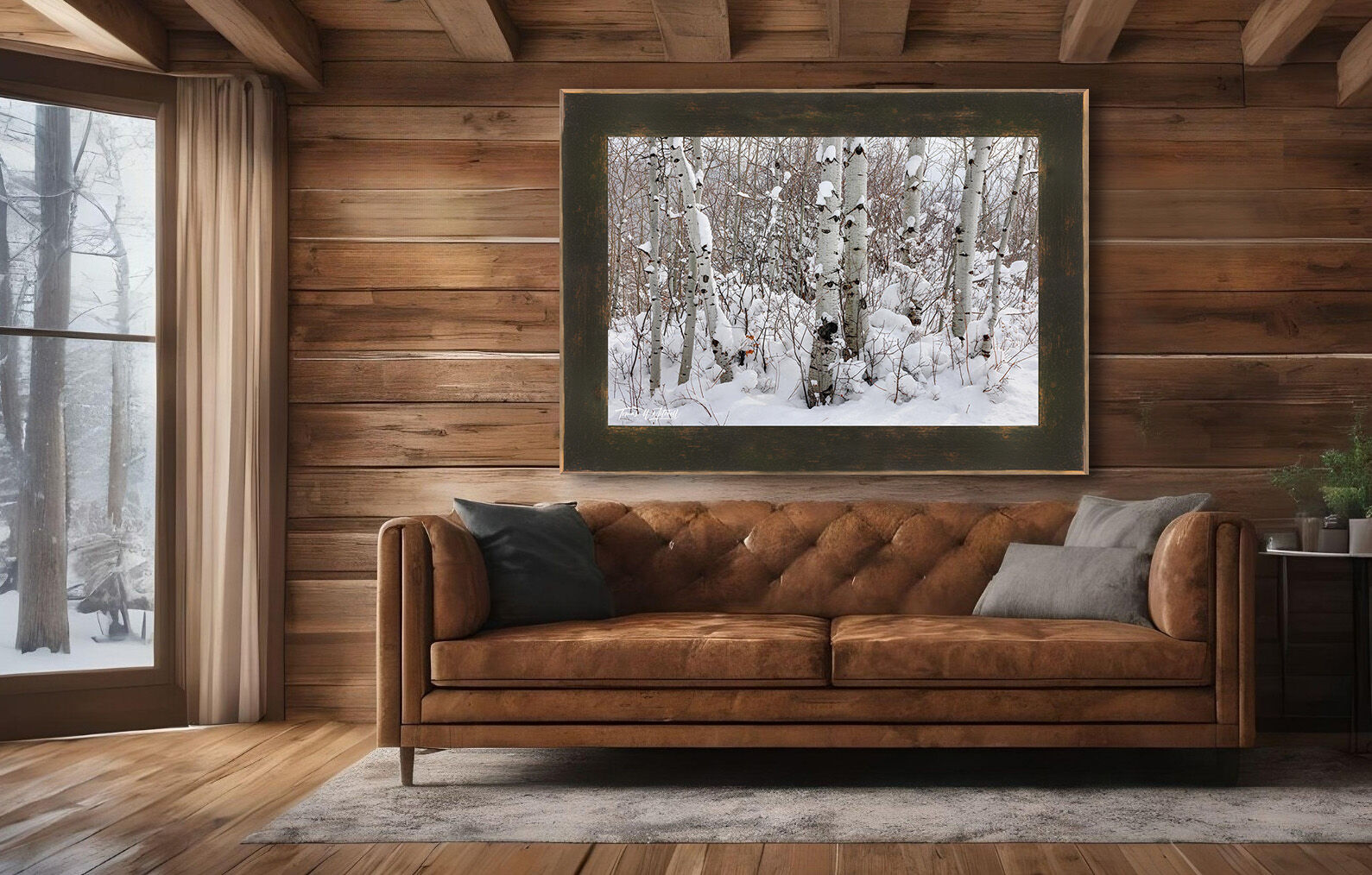 framed photograph of forest in winter on home wall