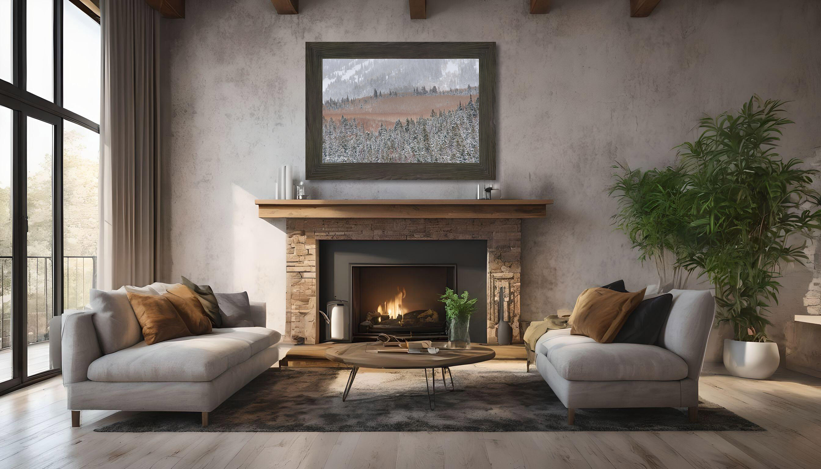 framed photograph of forest in winter snow on home wall